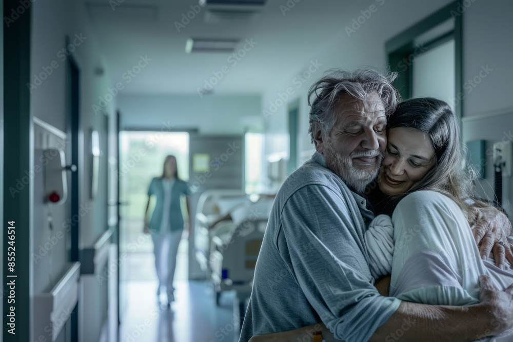in a hospital, one woman liying and dying on a bed in the background and the other woman is hugging the man.generative ai in a hospital, one woman liying and dying on a bed in the background and the other woman is hugging the man.generative ai