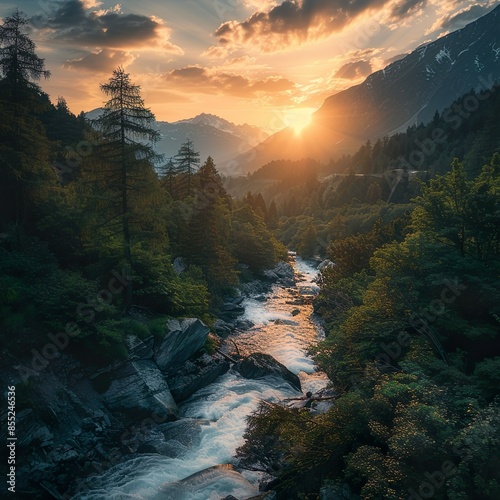 A breathtaking view of a mountainous landscape during golden hour, with a river flowing through a lush forest, capturing the beauty of nature and adventure.