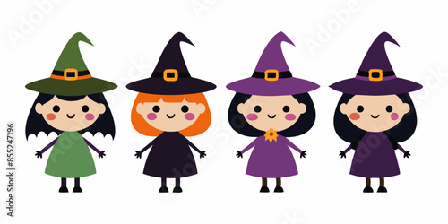 Set of Cute Witch Characters with Colorful Hats Isolated on White Background, Concept of Halloween, Feminine Magic, Character Illustration, Whimsical Style. Print, design elements.