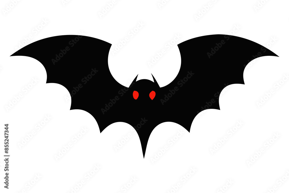 Black silhouette of bat with glowing eyes and spread wings isolated on white background. Concept of Halloween symbol, nocturnal creature, minimalist style, vampire bat. Print, icon, design element Black silhouette of bat with glowing eyes and spread wings isolated on white background. Concept of Halloween symbol, nocturnal creature, minimalist style, vampire bat. Print, icon, design element