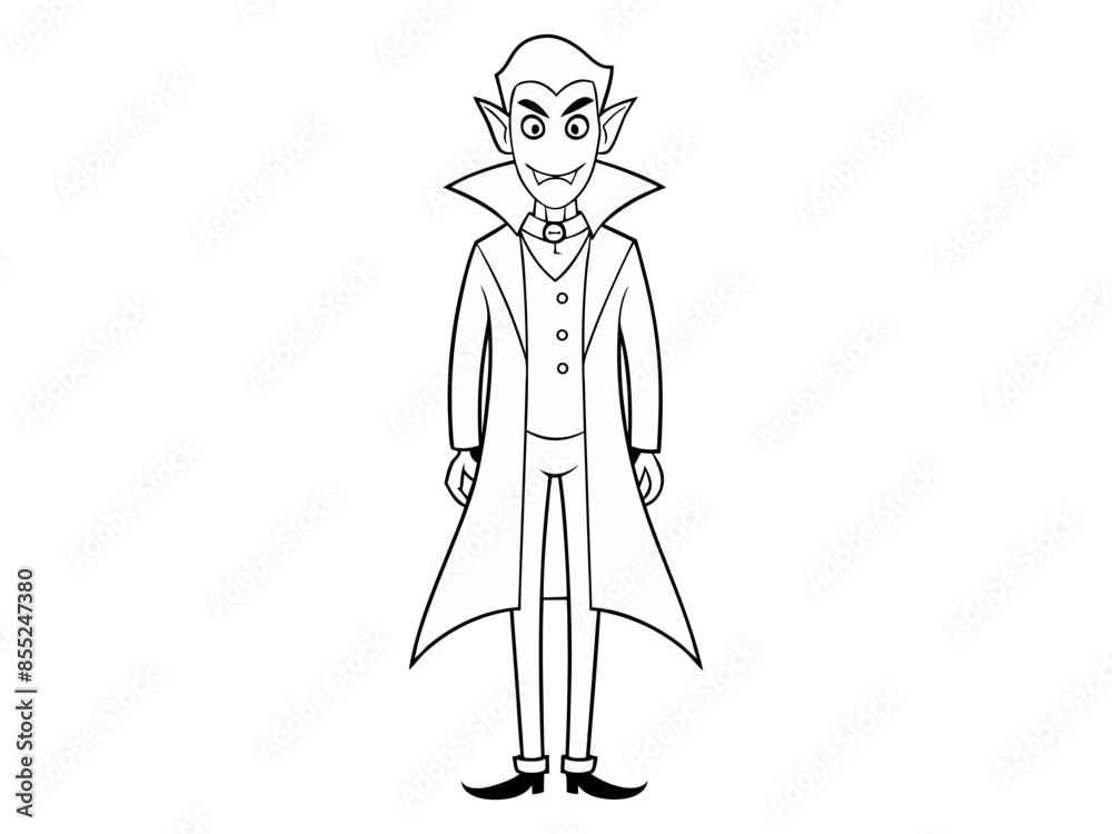 Black outline of vampire character isolated on white background. Concept of Halloween, Dracula, spooky figure, minimalist style, fantasy creature. Print, icon, design element, coloring page Black outline of vampire character isolated on white background. Concept of Halloween, Dracula, spooky figure, minimalist style, fantasy creature. Print, icon, design element, coloring page
