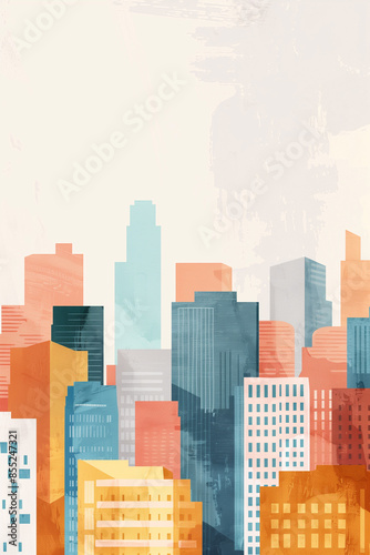 A colorful illustration of a modern city skyline with a watercolor effect poster
