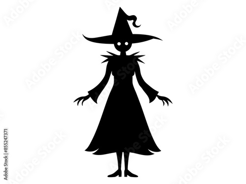 Black silhouette of a witch isolated on a white background. Concept of Halloween, magic, spooky character, witchcraft symbol. Print, icon, design element.