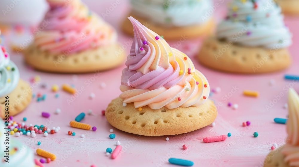 Biscuit formed like ice cream with vibrant icing evoking happiness and sweetness a delightful dessert for lifting spirits Biscuit formed like ice cream with vibrant icing evoking happiness and sweetness a delightful dessert for lifting spirits