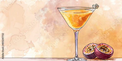 An illustrated Passion Fruit Martini cocktail, with two halved passion fruit nearby
