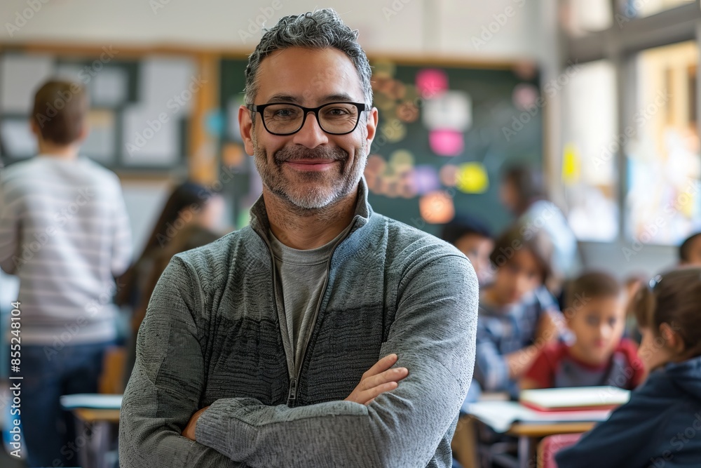 Fototapeta premium Smiling teacher in a classroom full of students. Modern educational environment depicted. Great image for educational content, teaching resources, or school related materials. Generative AI