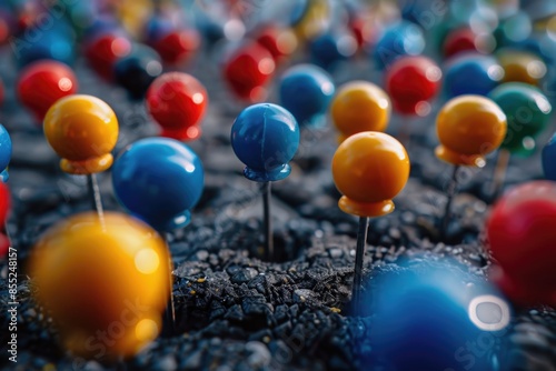 A photo of colorful pins scattered in a green field, possibly used for illustration or decoration