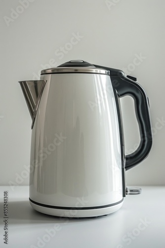 Electric kettle on a table with white and black design