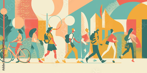 An abstract illustration of people walking in a colorful city setting International Youth Day