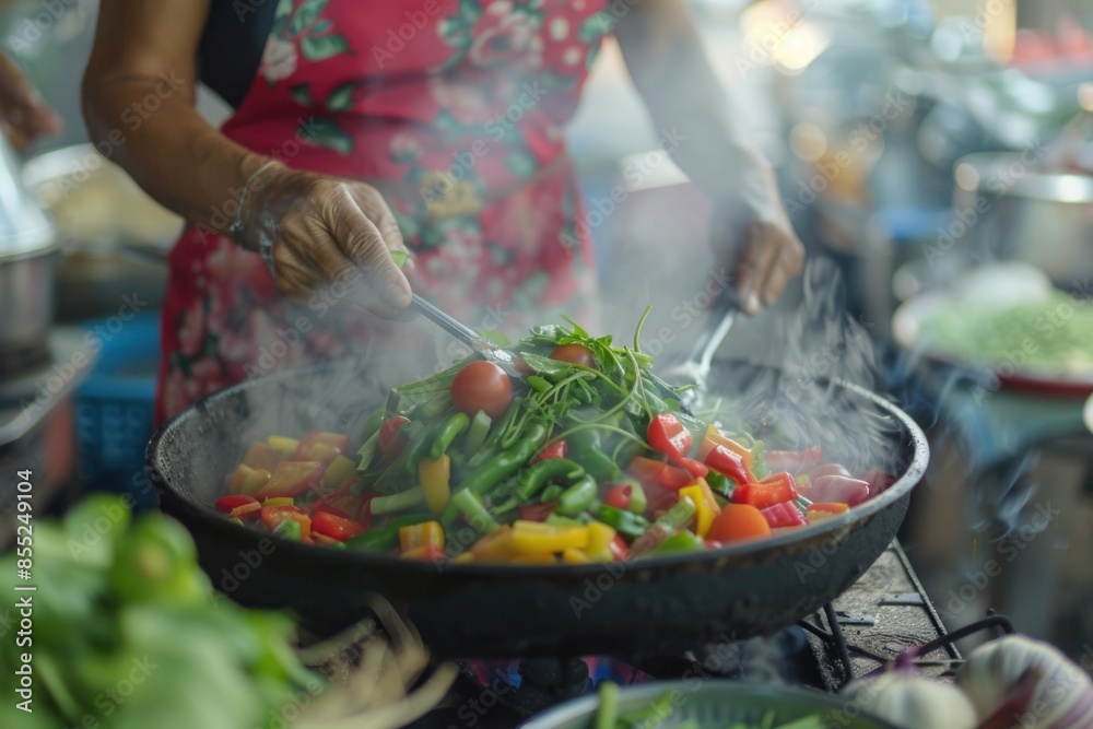 Woman preparing healthy meal in a wok