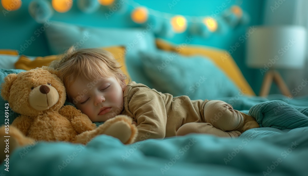 A child takes a relaxing nap with a teddy bear in a comfortably arranged bed with soft lighting A child takes a relaxing nap with a teddy bear in a comfortably arranged bed with soft lighting