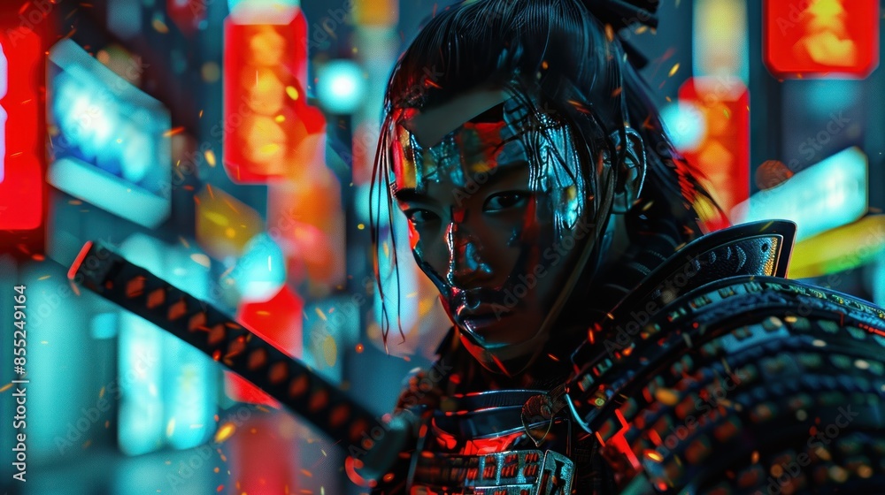 Cyberpunk Samurai Warrior Portrait on the Streets of a Futuristic Neon Metropolitan City.