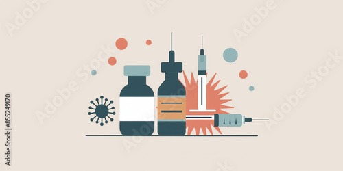 Illustration of vaccine vials and syringes for immunization against a virus 