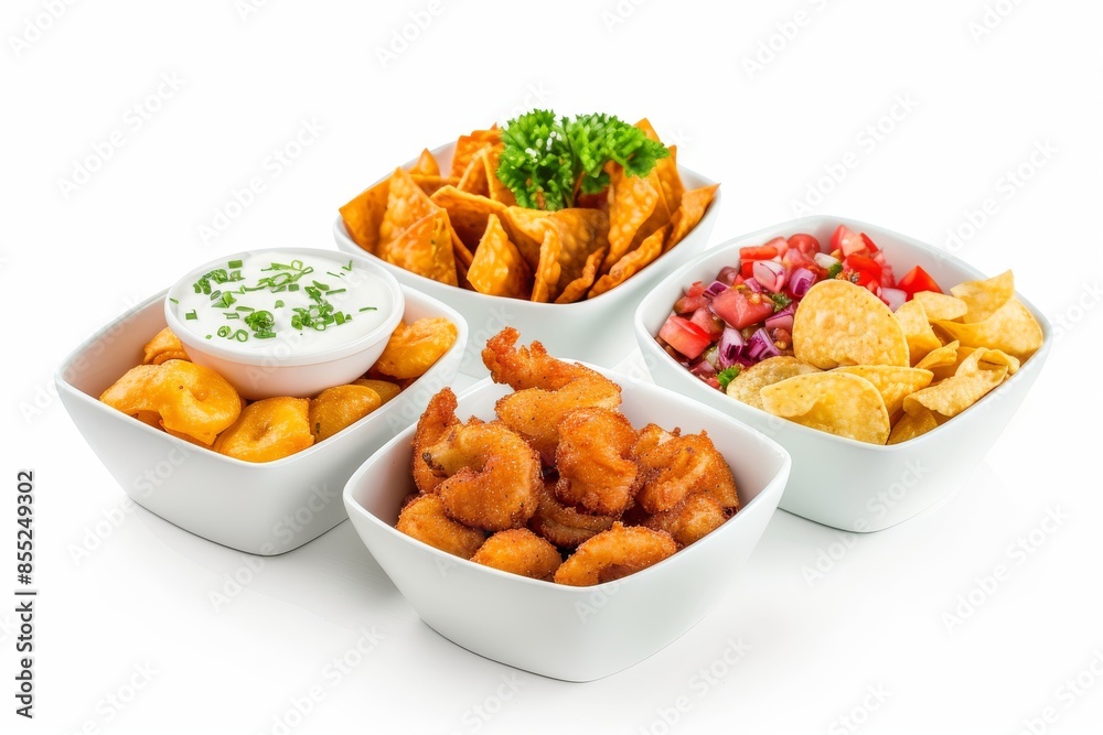 A Feast of Flavors: Crispy Fried Shrimp, Spicy Salsa, Creamy Dip, and Crunchy Chips