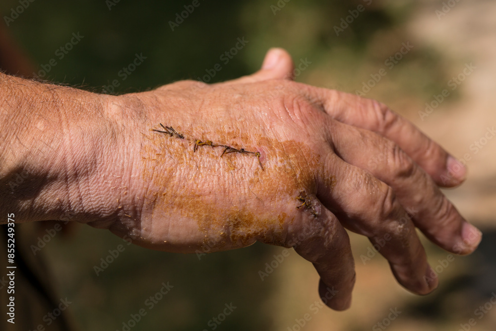 Fototapeta premium A man's badly injured hand. An operated injury, stitches on the wound. Broken bones.