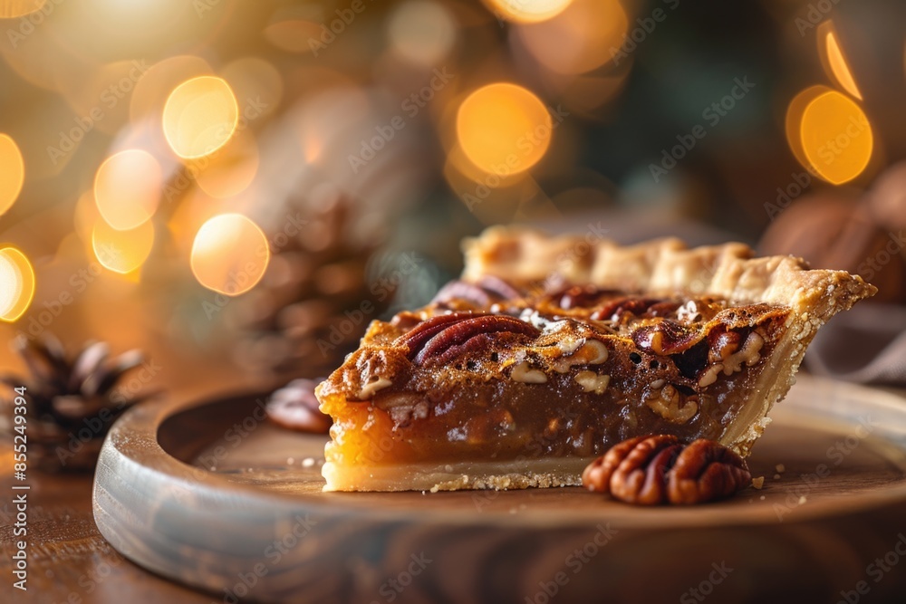 A slice of pecan pie served on a plate, perfect for dessert or snack A slice of pecan pie served on a plate, perfect for dessert or snack