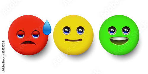 Rating scale or pain scale in the form of emoticons. From red to green smiley. Vector clipart isolated on white background.