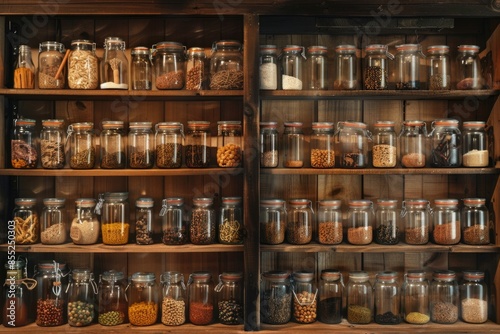 Wallpaper Mural Shelf filled with various sized glass jars containing unknown contents, potential for use in food or cosmetic photography Torontodigital.ca
