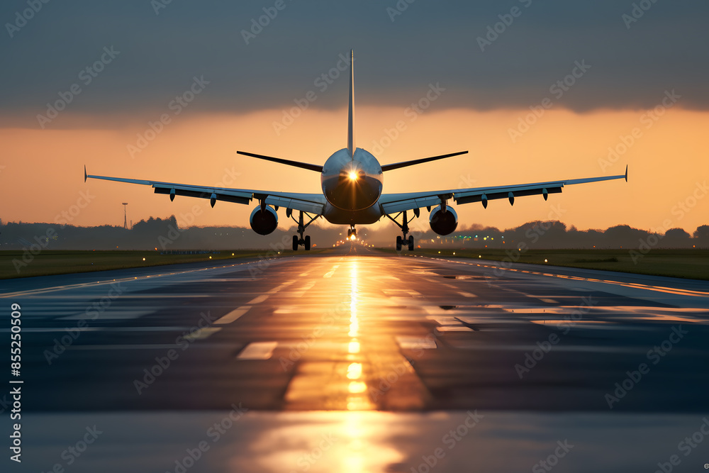 Airplane landing from the airport, front view sunset sunrise sky. Airplane landing from the airport, front view sunset sunrise sky.