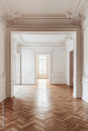 A simple room with parquet flooring and white walls, suitable for interior design or architecture projects © Fotograf