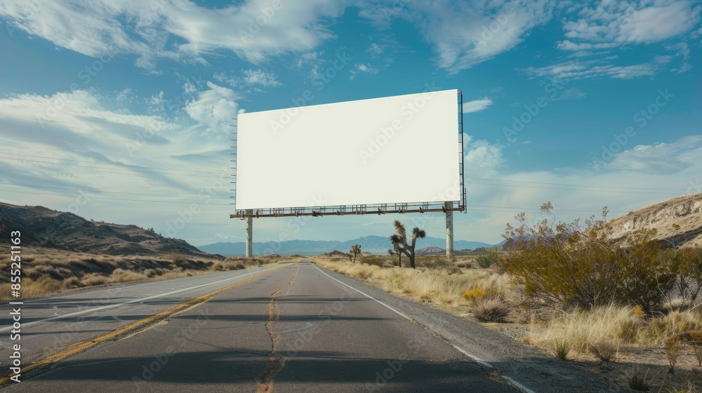 Blank white billboard mockup on desert highway, perfect for advertising, spring day scene Blank white billboard mockup on desert highway, perfect for advertising, spring day scene