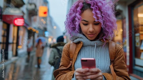 Woman With Purple Hair Using Cell Phone