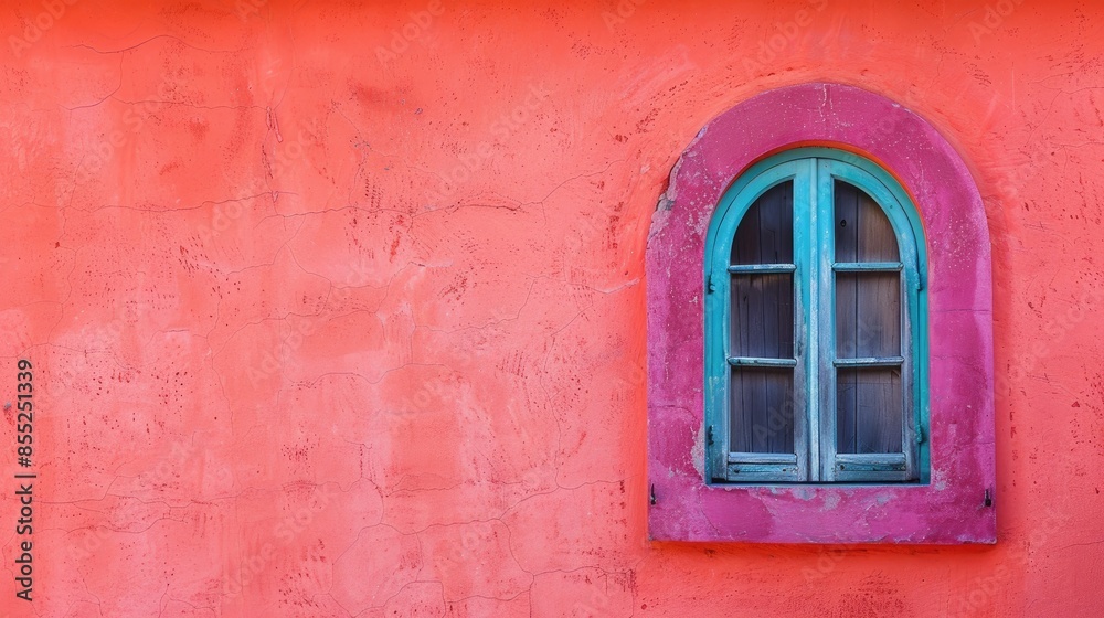 Fototapeta premium Vintage window in fuchsia and purple on a coral wall