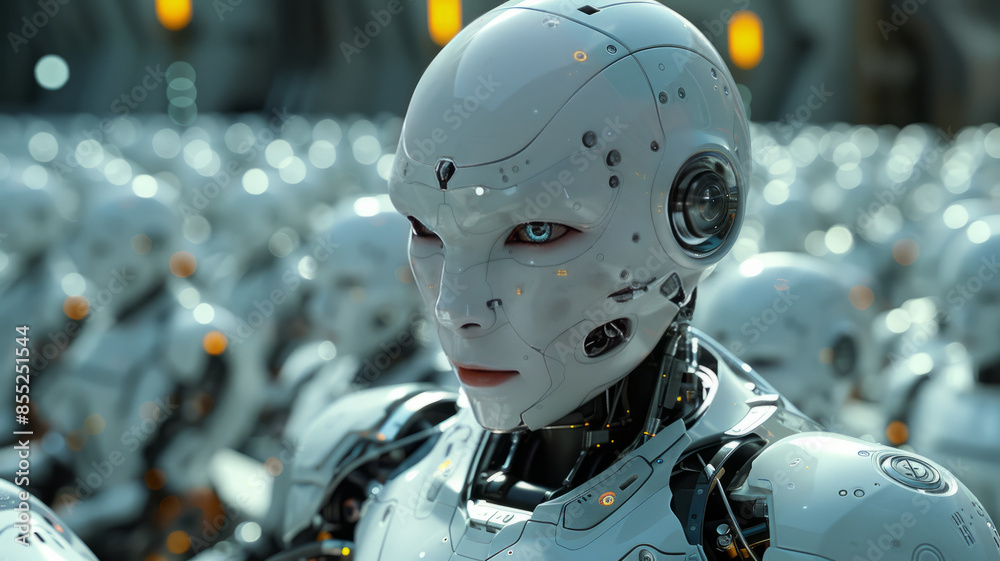 Fototapeta premium A futuristic classroom: robotic students, one puzzled human.generative ai