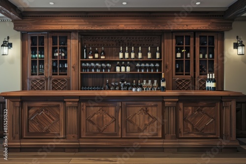 A wooden bar with numerous bottles stacked on top, great for commercial use in bars, restaurants or liquor stores