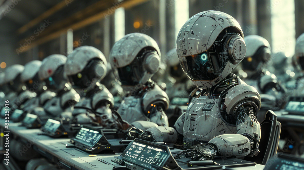 Fototapeta premium A futuristic classroom: robotic students, one puzzled human.generative ai