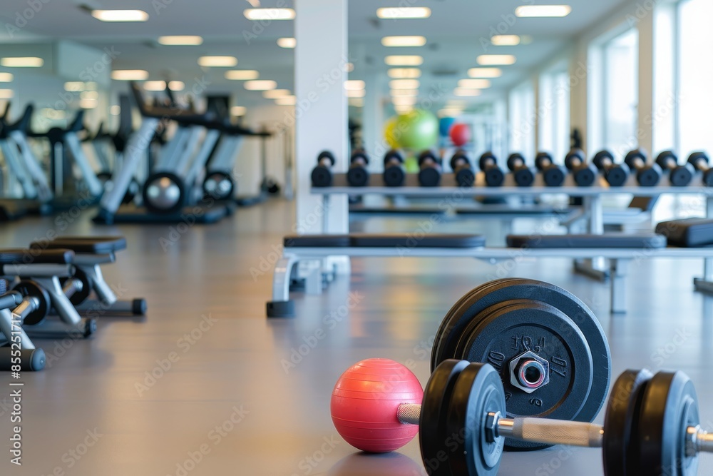 Fototapeta premium A Pink Ball and Dumbbells Resting in a Well-Lit Gym
