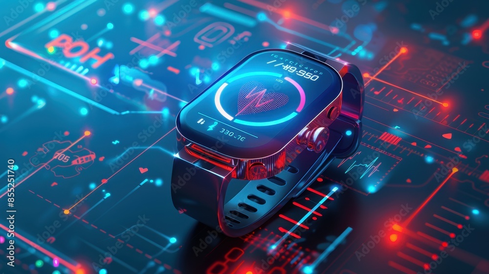 A smartwatch with a black strap and a silver casing lies on a tech background displaying a heart rate monitor. A smartwatch with a black strap and a silver casing lies on a tech background displaying a heart rate monitor.