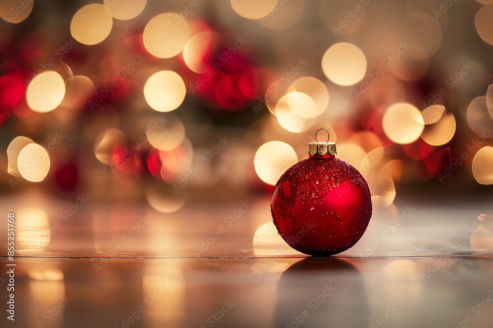 A red Christmas ornament is placed on the table, with blurred lights in the background A red Christmas ornament is placed on the table, with blurred lights in the background