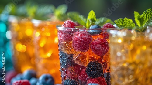 Raspberries and Blueberries in Glass With Ice
