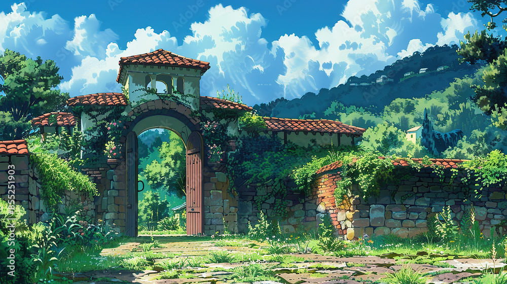 Obraz premium the cuntry, generative ai, landscape, architecture, curtoone, chasny house, background, art nouveau, city, skyline, skyscraper, building, 