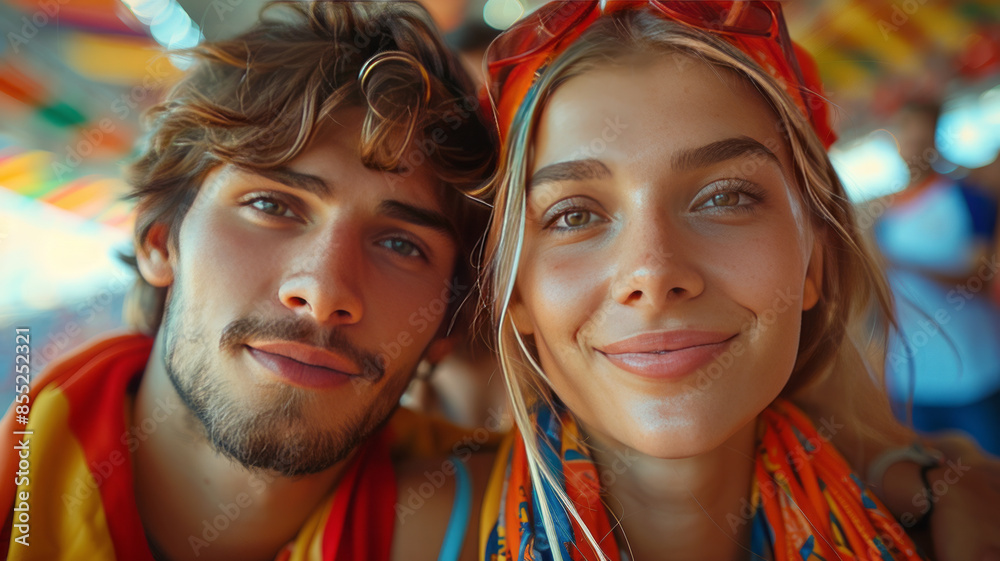 2 german soccer fans looking down at camera, couple, wearing german scarf and jersey,generative ai 2 german soccer fans looking down at camera, couple, wearing german scarf and jersey,generative ai