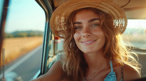 Woman Wearing Sunglasses and Hat in Car
