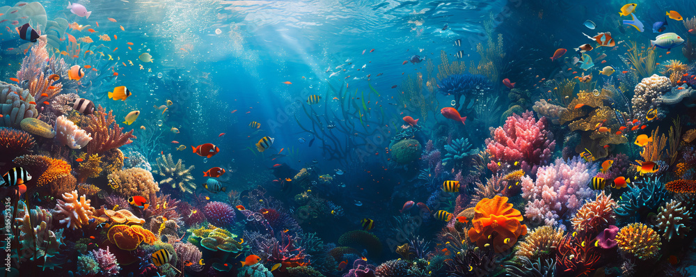A vibrant coral reef bustling with activity, with colorful fish darting among intricate coral formations. A vibrant coral reef bustling with activity, with colorful fish darting among intricate coral formations.