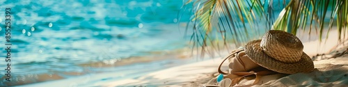 A close-up of a summer vacation beach bag with accessories, such as a hat and sunglasses, lying on a tropical beach with a defocused ocean view in the background. Generative AI photo