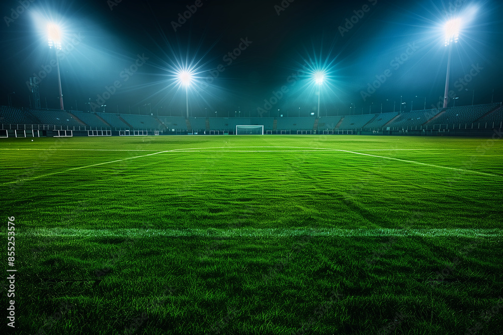center of an empty soccer football stadium field illuminated by bright spotlights. The grass is vividly green, and the goal in the background is bathed in light, creating a dramati center of an empty soccer football stadium field illuminated by bright spotlights. The grass is vividly green, and the goal in the background is bathed in light, creating a dramati