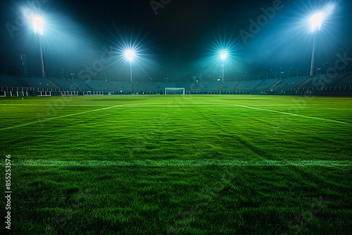 center of an empty soccer football stadium field illuminated by bright spotlights. The grass is vividly green, and the goal in the background is bathed in light, creating a dramati © forenna