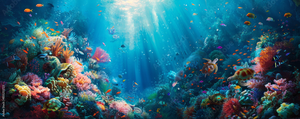 Fototapeta premium A mesmerizing underwater scene featuring a vibrant coral reef teeming with marine life, from colorful fish to graceful sea turtles.