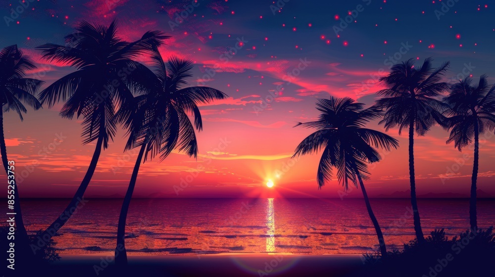 Bright sunset over a tropical sea with palm tree silhouettes and a peaceful beach horizon. Bright sunset over a tropical sea with palm tree silhouettes and a peaceful beach horizon.