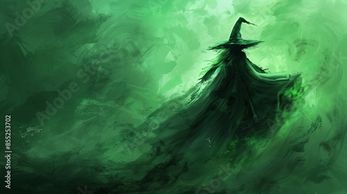 Green Witch Silhouette on Abstract Background