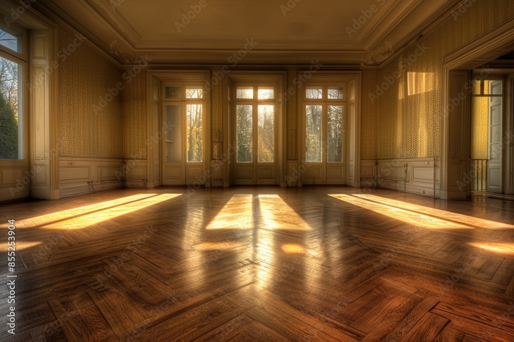 Simple interior design concept with wooden floor and big windows for natural light