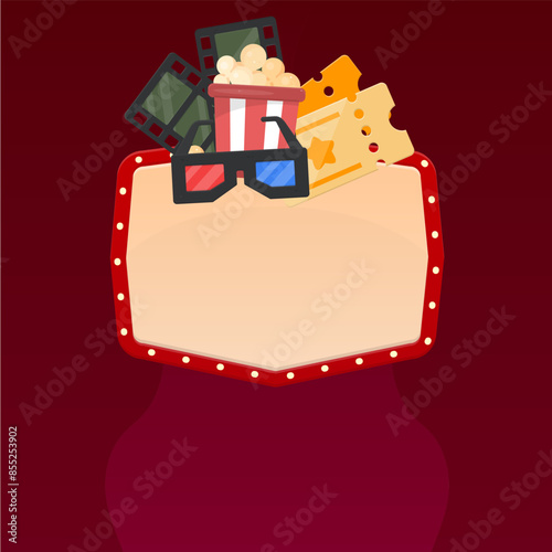 Tickets 3D Glasses Pop Corn Movie Tape Cinema Casino Background Poster Pop Up Vintage Red Banner Window Vector Design