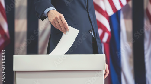 American elections. A man's hand throws an envelope into a ballot box against the backdrop of the American flag.
