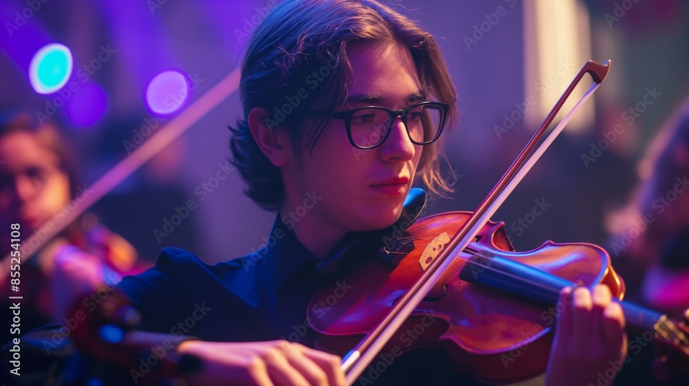 Fototapeta premium Violinist playing music concert intently generate ai