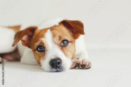 A Daydreaming Jack Russell Terrier Resting On A White Surface © Dmitrii