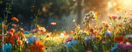 A peaceful meadow bathed in sunlight, dotted with wildflowers of all colors and buzzing with the gentle hum of bees.